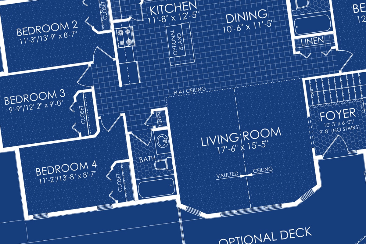 Blueprint of a whole-house floor plan: four bedrooms, kitchen, dining, living room and foyer, dimensioned room by room